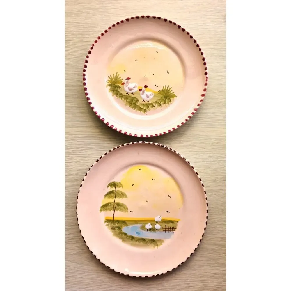 Vintage Handmade Hand Painted Art Pottery Plates Set 2 Raised Sheep Chicken Farm